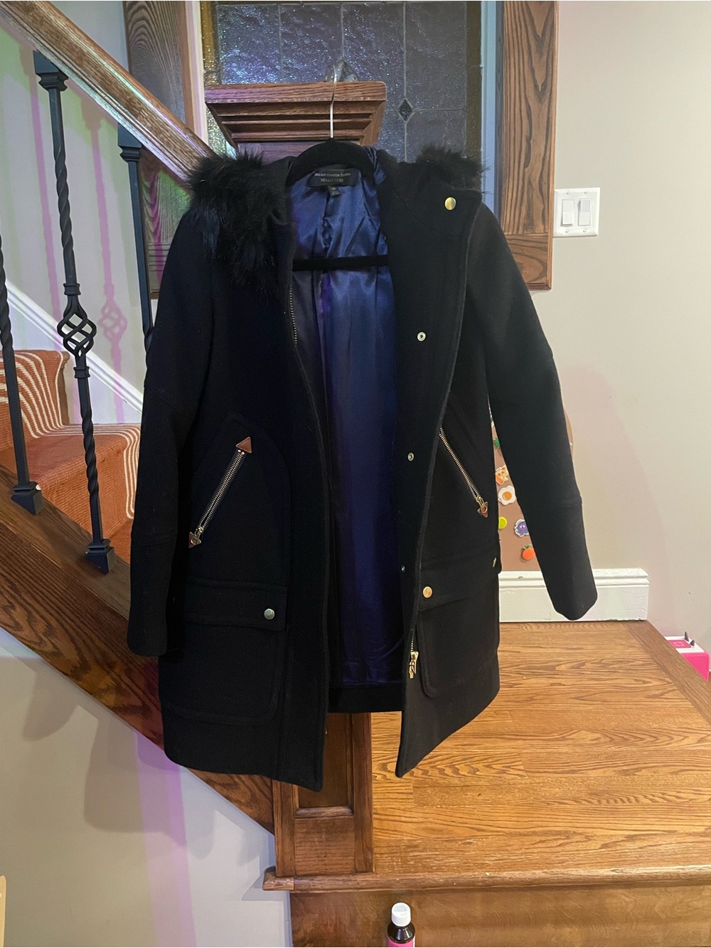 J. Crew Black Wool Hooded Pea Coat with Faux Fur Trim Nello Gori